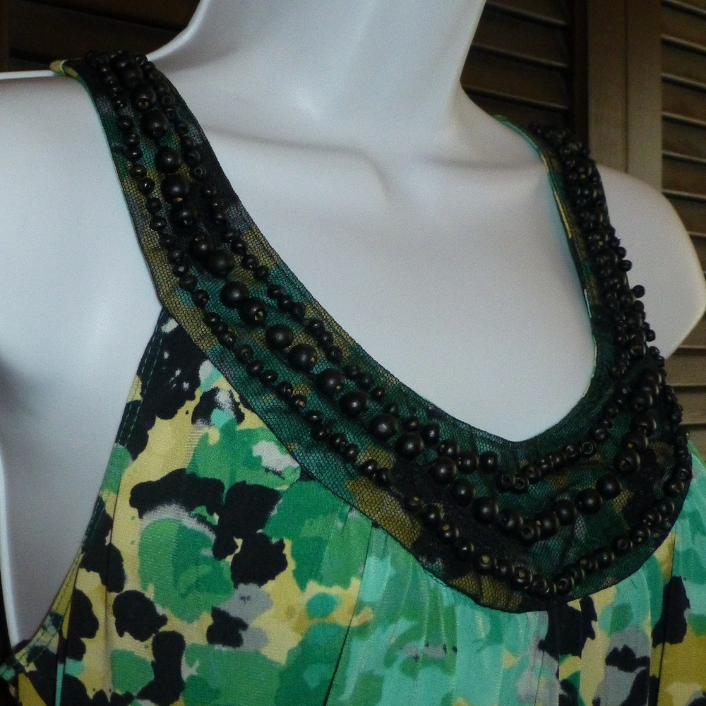Wrapper, Y2K Sleeveless Blouse Green Black Yellow Beaded Scoop Neck, Racerback M - Picture 5 of 9
